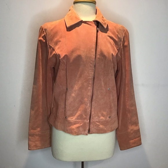 Vintage Y2K apricot suede moto style angled zipper lined scallop edge jacket L - Picture 1 of 14